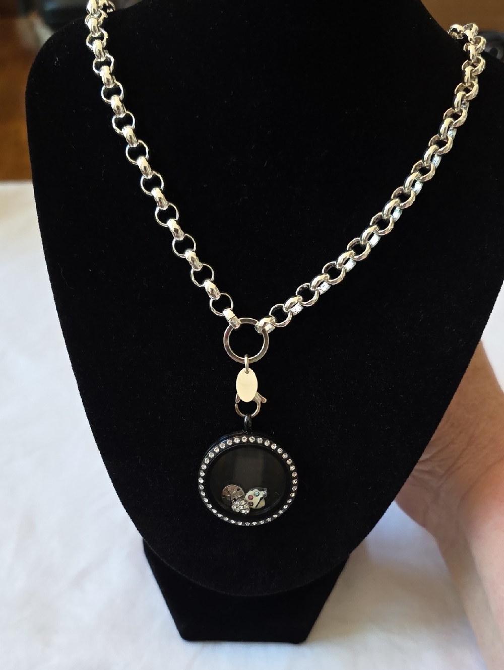 Origami Owl Silver-Tone Round Locket Necklace with Black Accent And 3 Charms